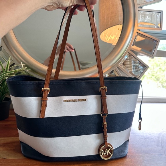 Michael Kors Handbags - Michael Kors Navy White Striped Saffiano Tote with Tan Straps